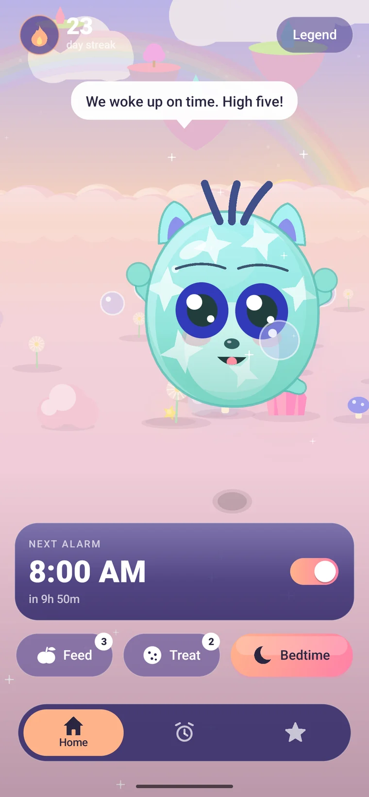 Nimi's home screen at dawn with a 23 day streak and a happy character cheering you on