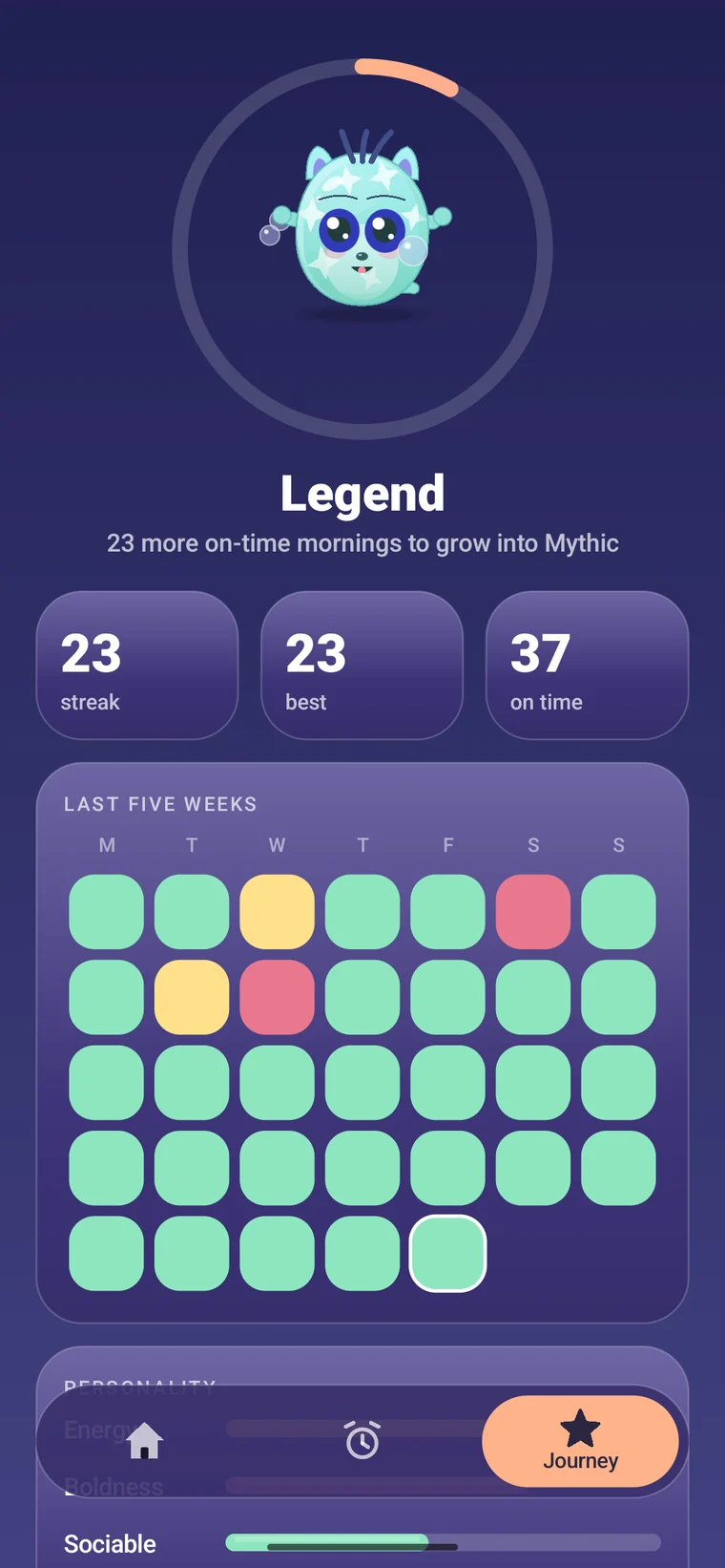 Streak screen showing a 23 day streak, best run and a five week calendar of on-time mornings
